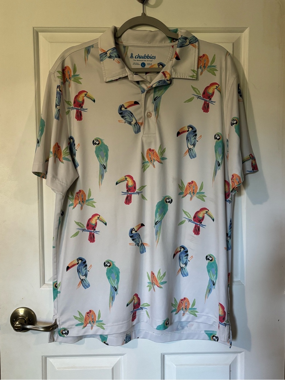 chubbies White Polo with Multicolor Parrot Print. Size large.